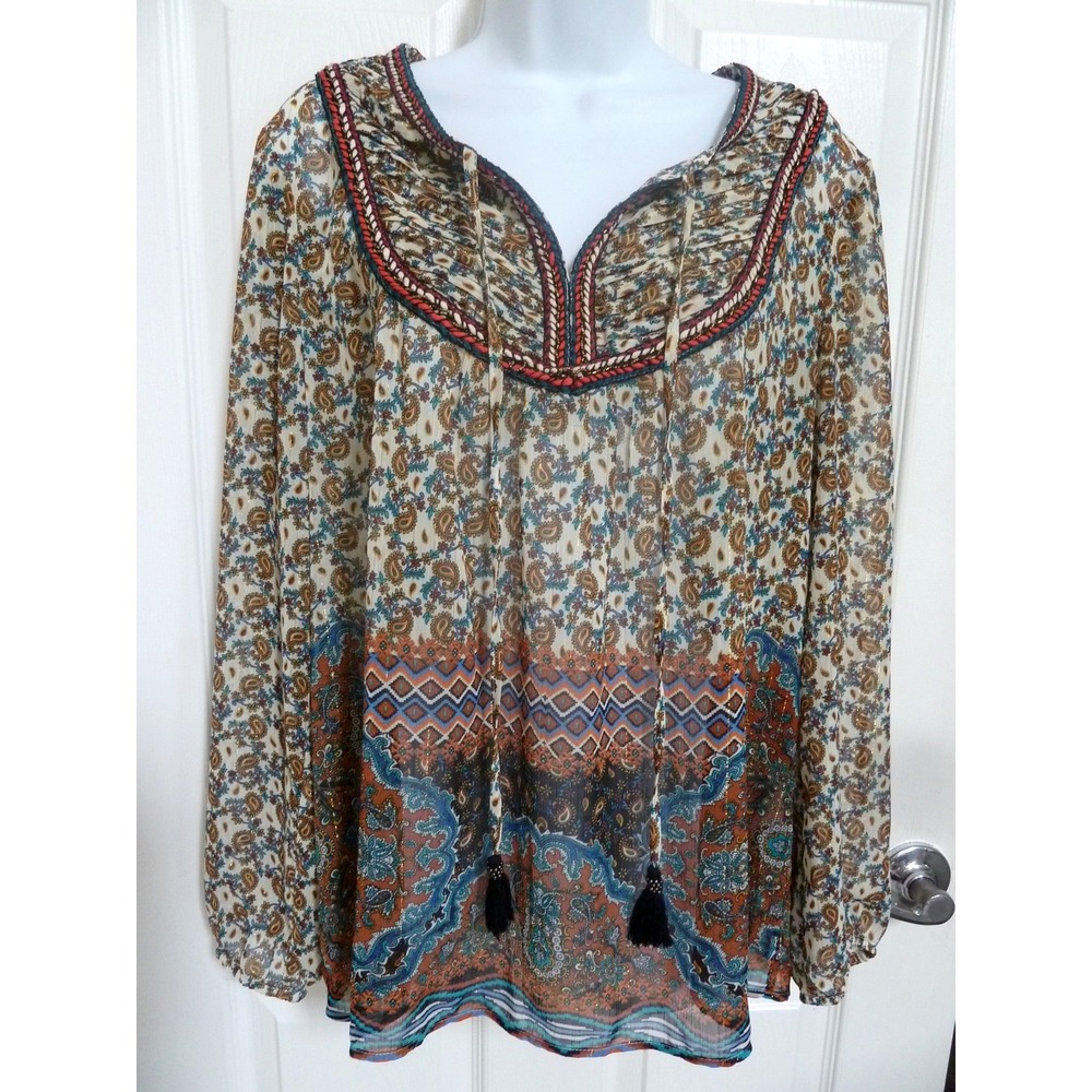 Daniel Rainn Braided Pin-Tucked Boho Paisley Peasant Blouse Multicolor L - Picture 1 of 7